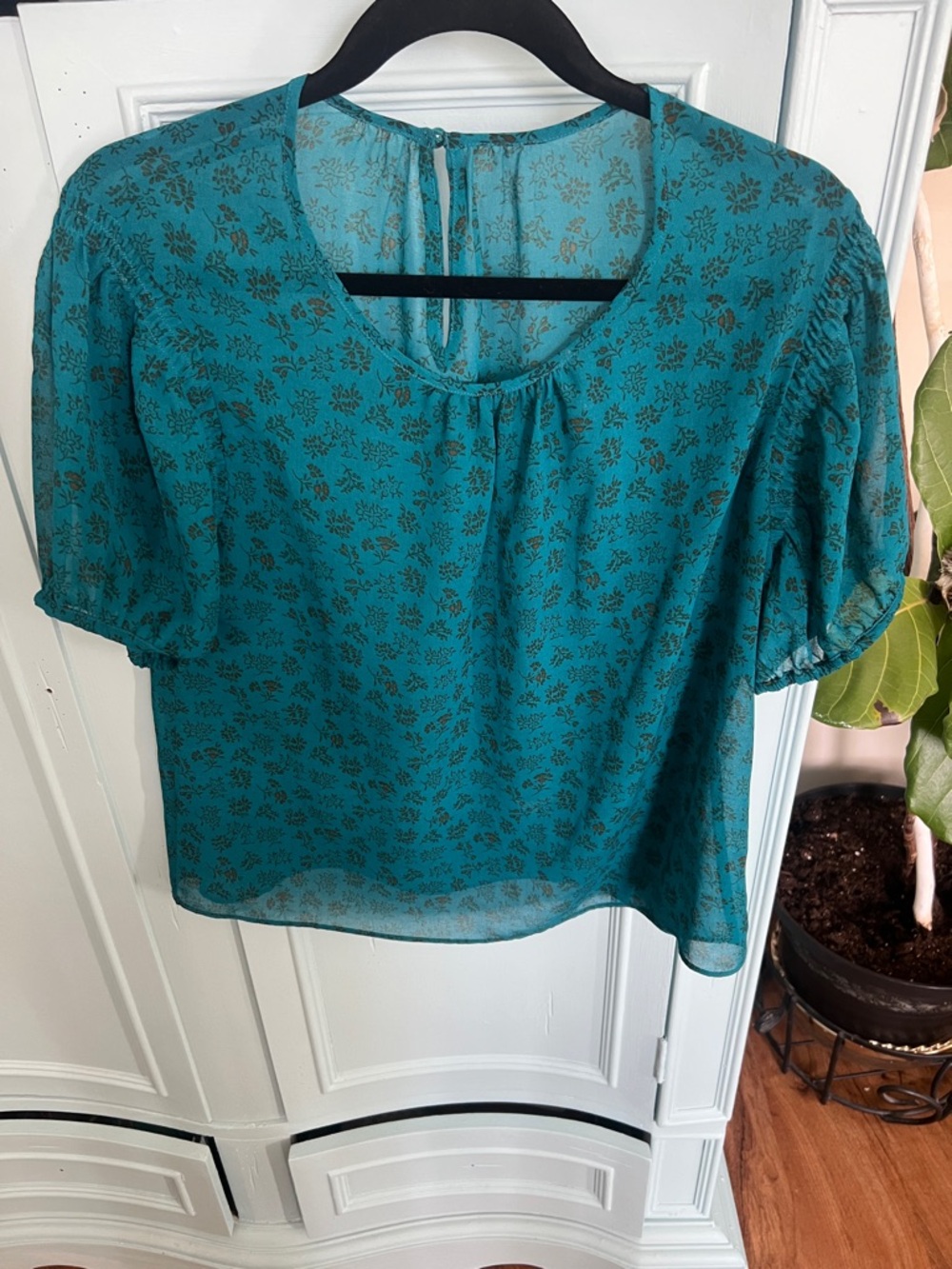 CAbi Teal Floral Short Sleeve Blouse
